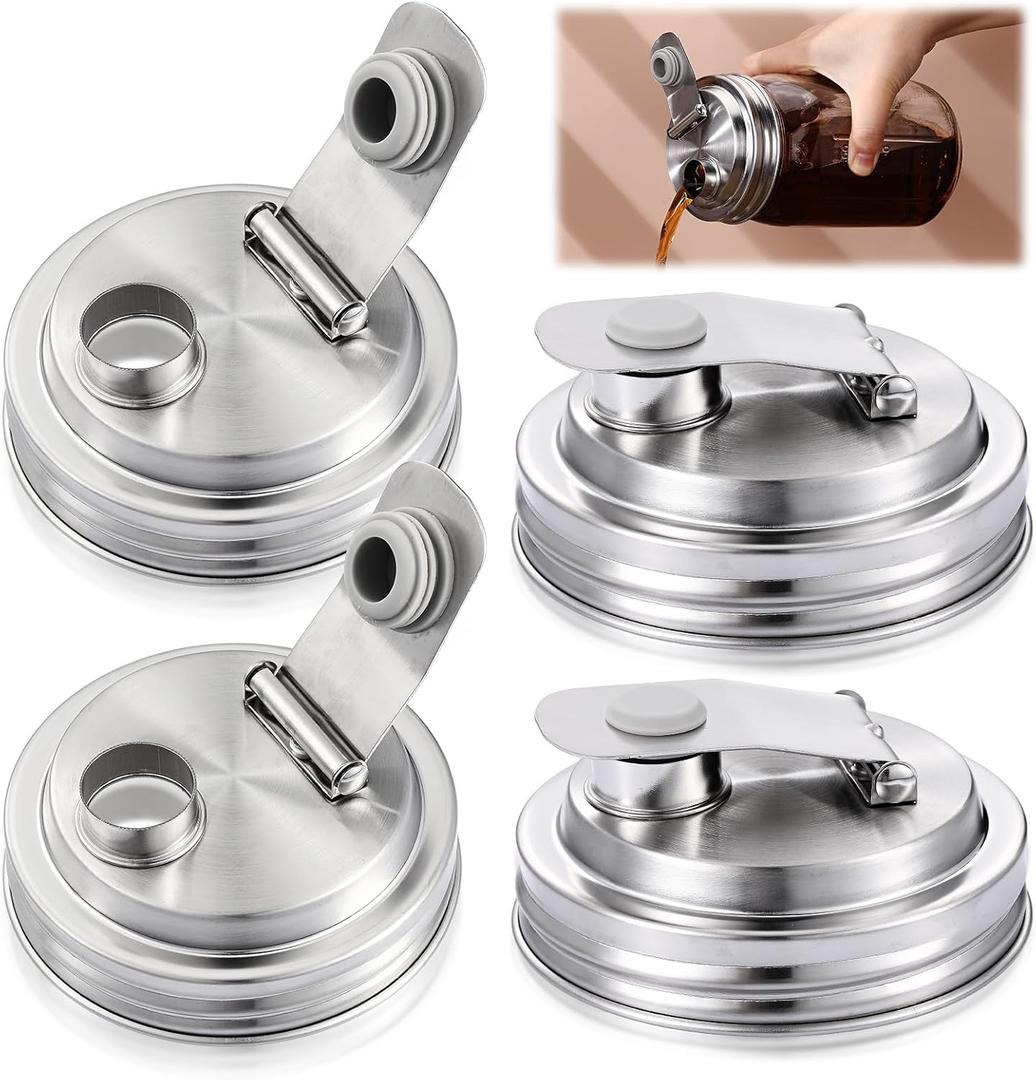 Baderke 4 Pcs Stainless Steel Mason Jar Pour Spout Lid for Wide Mouth Mason Jars, Rust Proof Leak Proof Seal Cover fit Home Tea, Milk, Juice Drinks Airtight Turns your Container into Pitcher