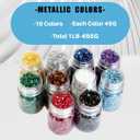 10Colors - 1LB Crushed Glass for Crafts Glitter Resin Art, Small Broken Glass Pieces Metallic Crystal Chips DIY Vase Filler Decoration 1-3mm (Metallic)