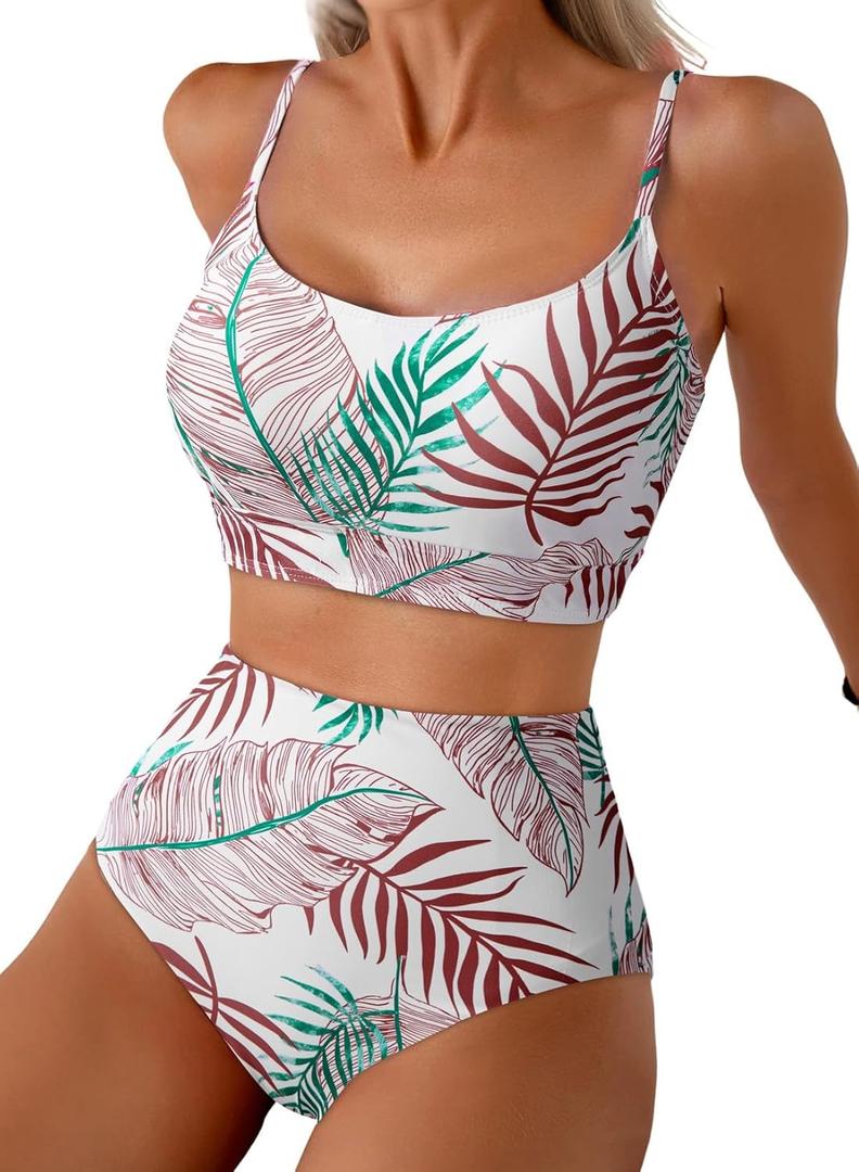 Herseas 2 Piece High Waisted Bikini Set for Women 2026 Spaghetti Straps Swim Top with Reversible Bottom Bathing Suit (Small, Brick Red)