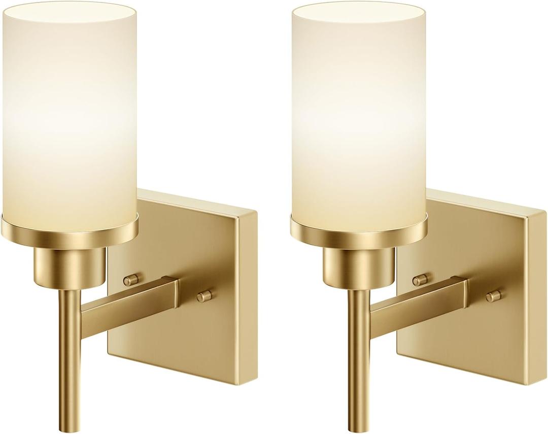 Vanity Lighting Fixtures with White Frosted Glass Shade, Modern Gold Wall Lamps for Bathroom Mirror Bedroom Living Room Porch, 2 Pack T001GD-L1-P2