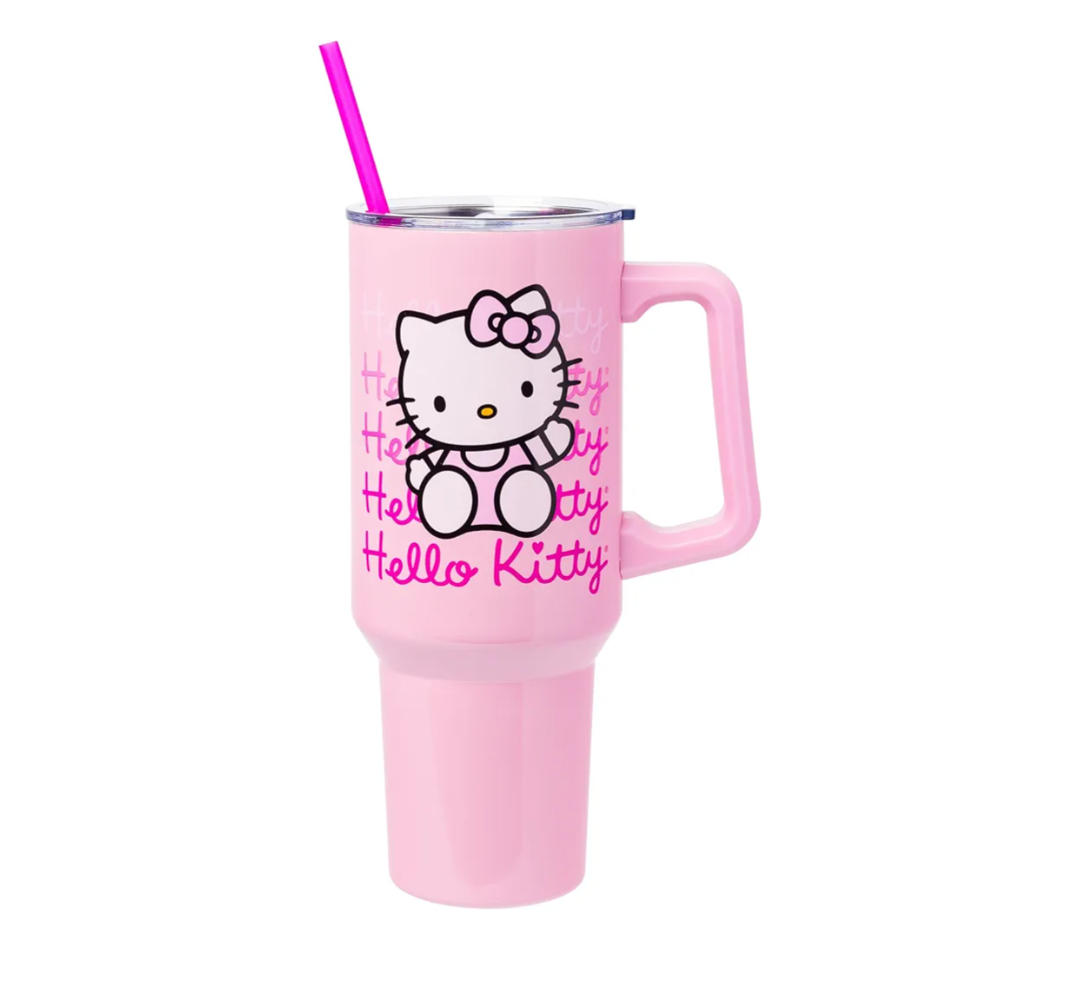 Silver Buffalo Sanrio Hello Kitty Waving Double Walled Stainless Steel Tumbler with Handle and Straw, Fits in Standard Cup Holder, 40 Ounces