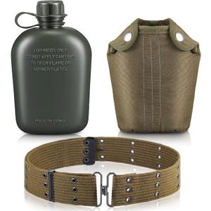 Honeydak 1 Quart Plastic Canteen Military Canteen Portable Military Water Bottle with Bottle Pouch Cotton Cover Bag and Waist Belt for Backpacking Hiking Camping Climbing Outdoor Activities