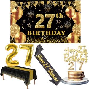 27th Birthday Decorations Men Women with 27th Birthday Banner, Black and Gold Table Cloth, Number Balloons, Large Sash, Cake Topper and Candles