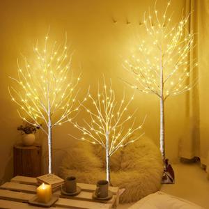 Outdoor Christmas Decoration Lighted Birch Tree, 3 Packs LED Pre Lit Light up Tree with Burlap Decor, Warm White, Power Supply by Adaptor, Xmas New Year Indoor&Outdoor Decor (4FT&5FT&6FT)