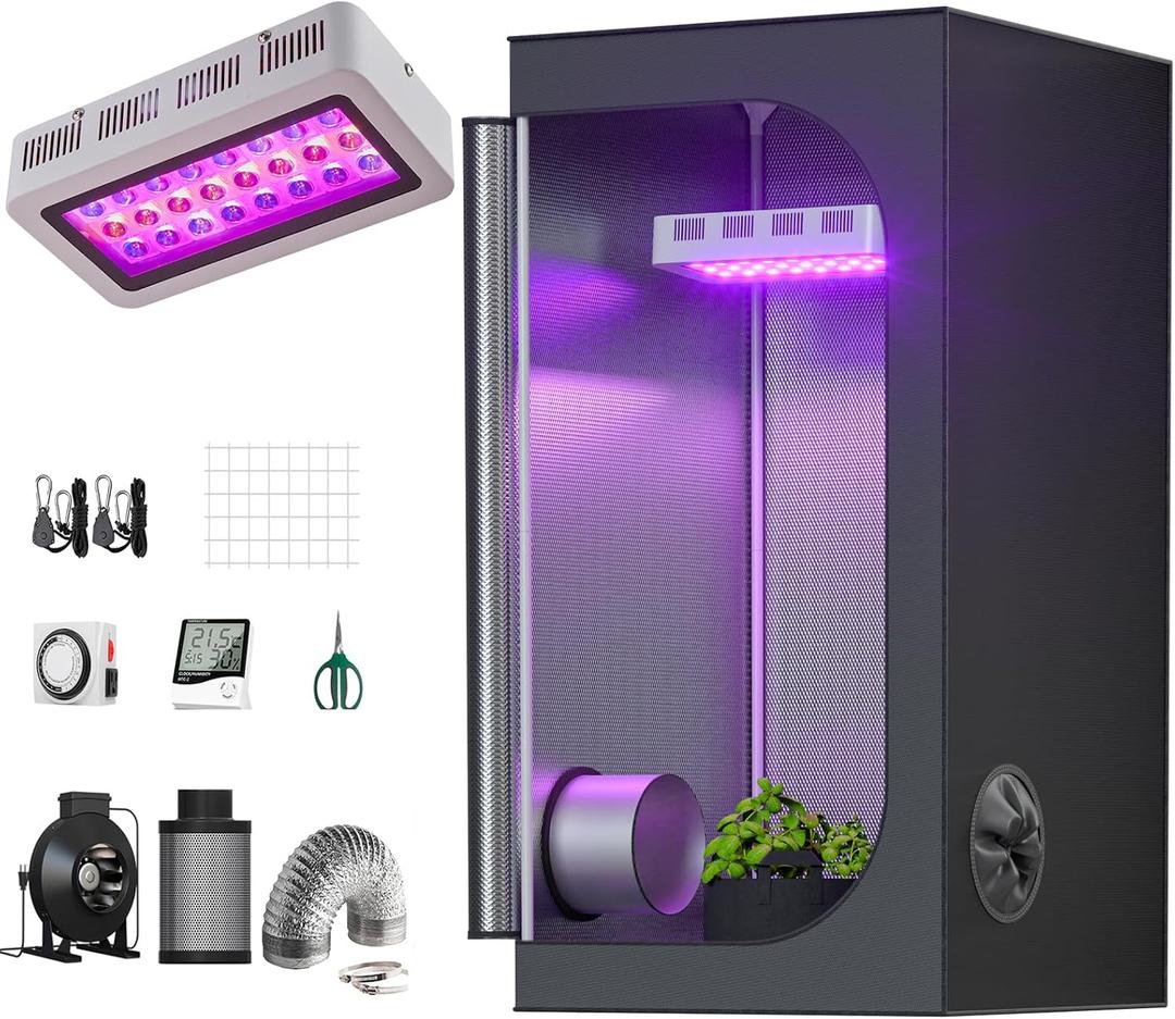 Grow Tent Complete Kit 300W LED Grow Light Full-Spectrum Indoor Hydroponics 32"X32"X63" Grow Tent 4" Ventilation Kit with Hangers,Hygrometer, Shear, Timer,Trellis Netting Full Setup