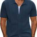 PJ PAUL JONES Blue Button Down Shirt Men Fitted Knit Polo Mens Short Sleeve Shirts Casual Summer Beach Tops, Navy Blue, X-Large