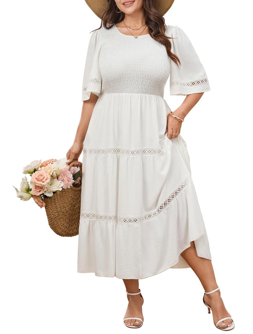 SCOMCHIC Women's Plus Size Maxi Dress Casual Crewneck Smocked Boho Elegant Hollow Out Summer Wedding Guest Dresses White (XL)