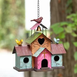 Large Bird Houses for Outside Hanging, 4 Hole Outdoor Bird House with Bell, Easy Clear, Colorful Metal Bird Houses for Outside