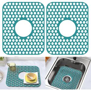 Silicone Sink Protector for Kitchen Bathroom Sink, 2 Pack 13.58"x 11.6" Heat-resistant Mat, Non-Slip and Durable Silicone Protectors, Center Drain (Green)