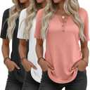3 Pack Women's Henley T Shirts Curved Hem Crew Neck Short Sleeve Tops Button Loose Fit Summer Casual Blouse (Large, Black, White, Coral Pink)