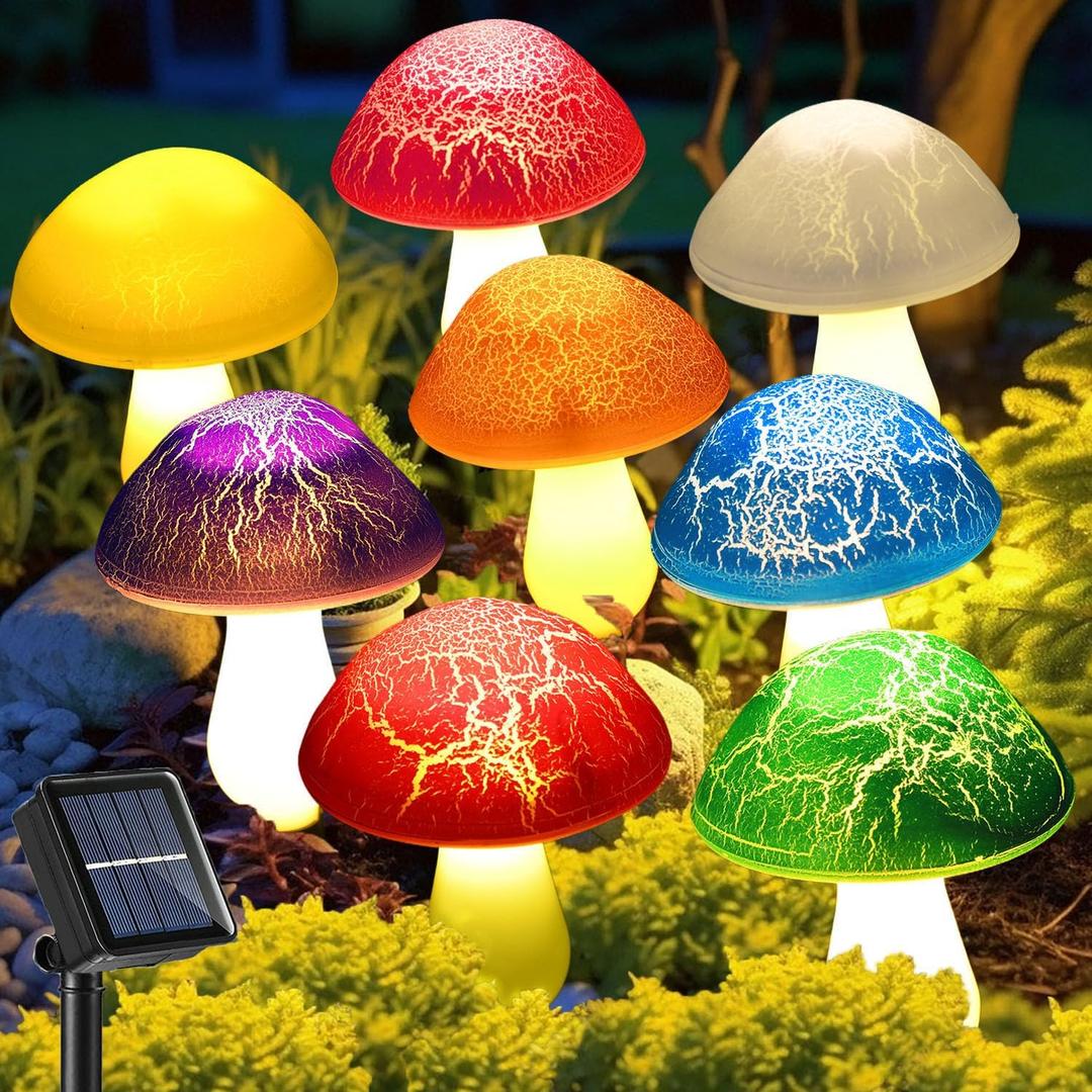 Solar Garden Decor Lights 8 Crack Mushrooms Outdoor Decor Stake Lights, Waterproof Solar Pathway Light Gardening Gifts for Garden Gnomes Backyard Flower Bed Christmas Decorations (Multicolor)