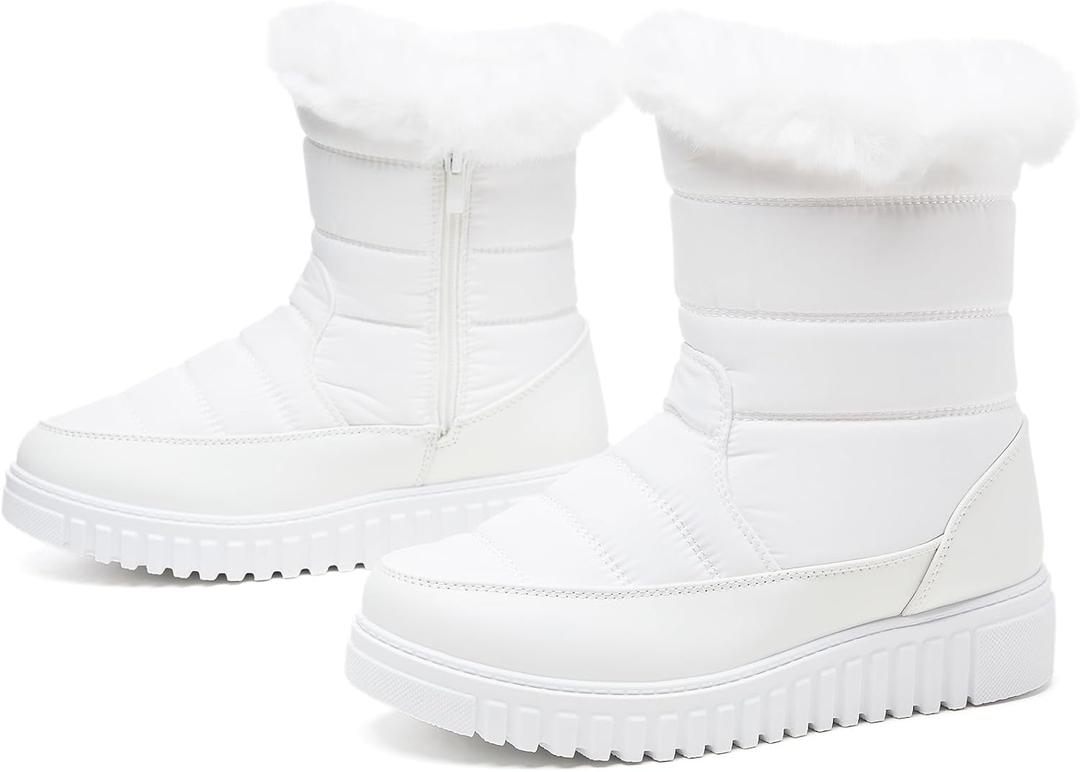 ZGR Womens Winter Snow Boots with furry,Waterproof Black and White Boots for women,Warm Mid Calf Boots for Outdoor (7.5)