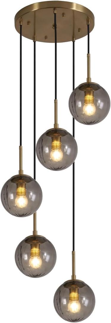 KCO Lighting 5 Light Cluster Pendant Lighting Smoke Glass Globe Chandelier Multi Pendant Light Fixture Gold Cluster Pendant Light Modern Staircase Chandelier