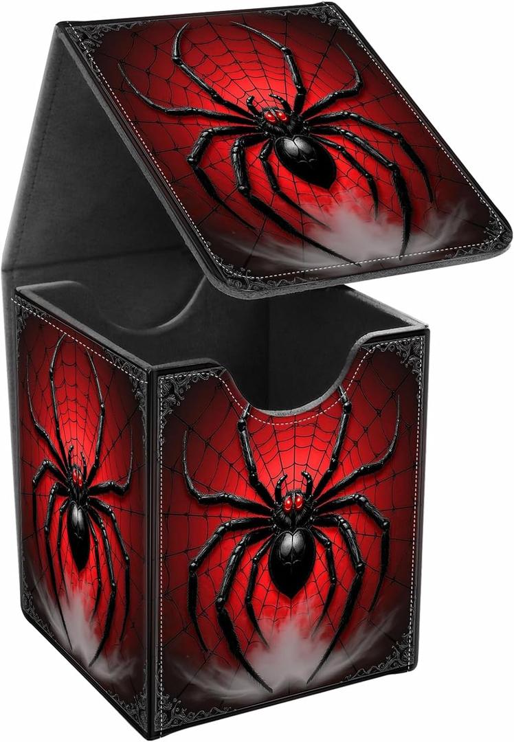 JANENFNA Card Deck Box, Card Storage Box Fits 100+ Single Sleeved Cards, Large Capacity PU Leather Card Storage Box with Strong Magnet for Magic Commander TCG/CCG, Red Spider