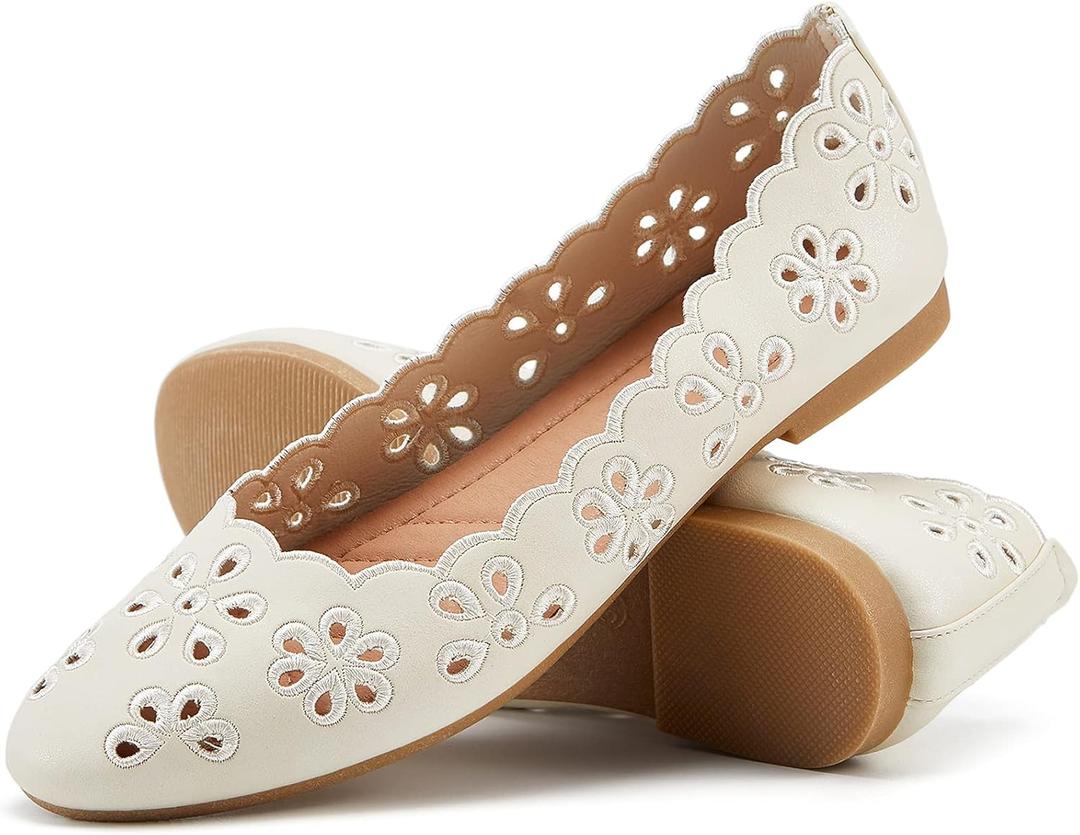 FRACORA Women's Ballet Flats Black PU Leather Dress Shoes Comfortable Round Toe Slip on Flats with Breathable Eyelets (8, Beige)