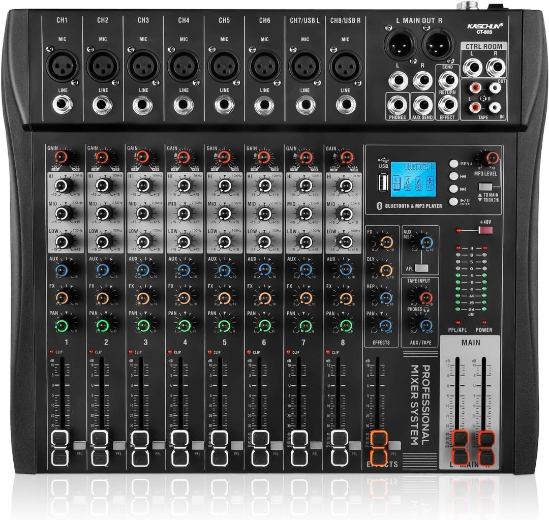 8 Channel Audio Mixer with Bluetooth, Professional DJ Mixer Board with 48V Phantom Power, USB Audio Interface & MP3 Player, Sound Mixing Console for Podcast, Home Studio, Live Streaming & Recording