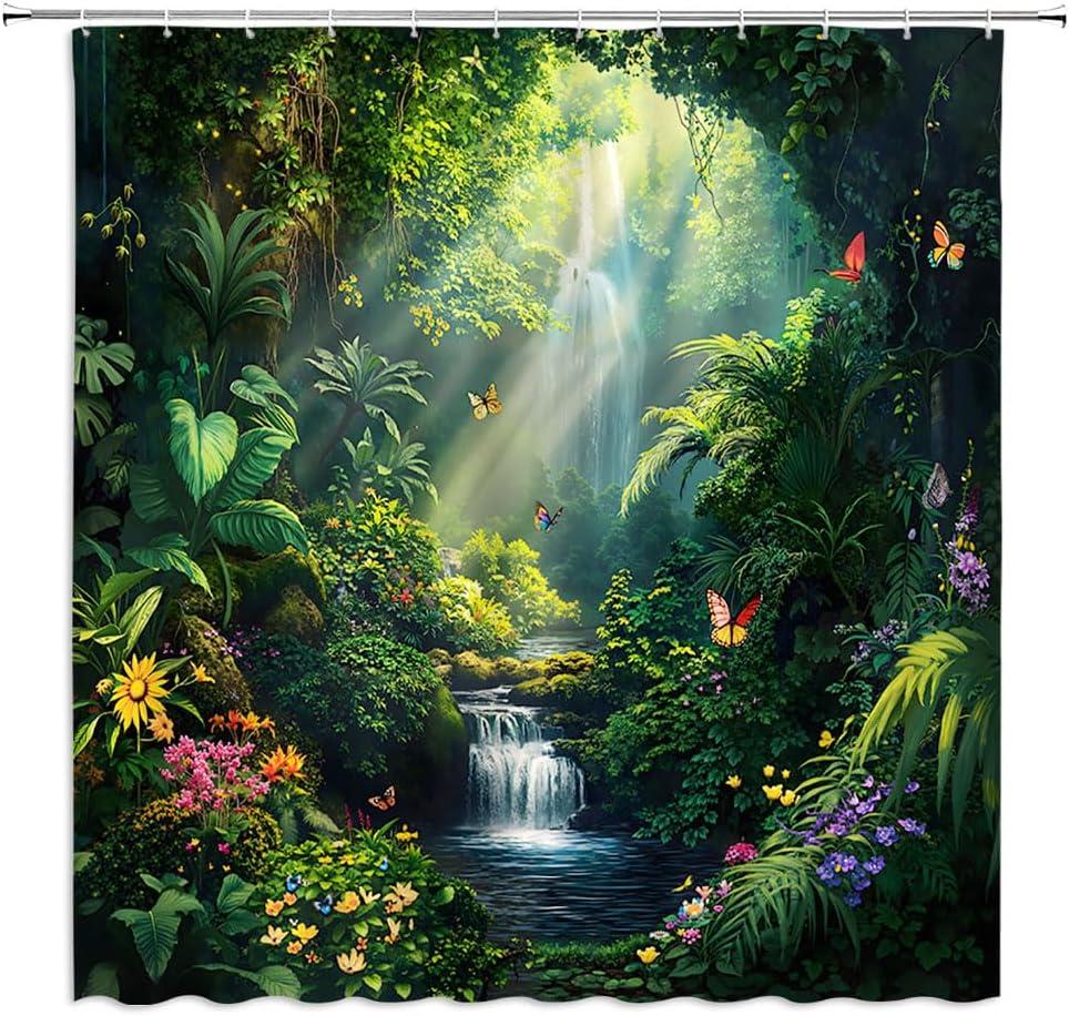 Enchanted Forest Waterfall Shower Curtain Tropical Green Nature Tree Colorful Floral Butterfly Fairytale Wonderland Jungle Rainforest Natural Scenery Bathroom Decor Curtain with Hooks,70Wx70L