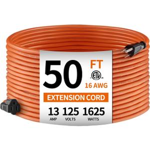KTMC 50ft 16AWG Outdoor Extension Cord, Indoor/Outdoor 50-Foot SJTW 16/3 Gauge Extension Cable with Durable Weatherproof PVC Vinyl Jacket, 3-Prong Grounded Plug, ETL Certified 13A 1625W, Orange