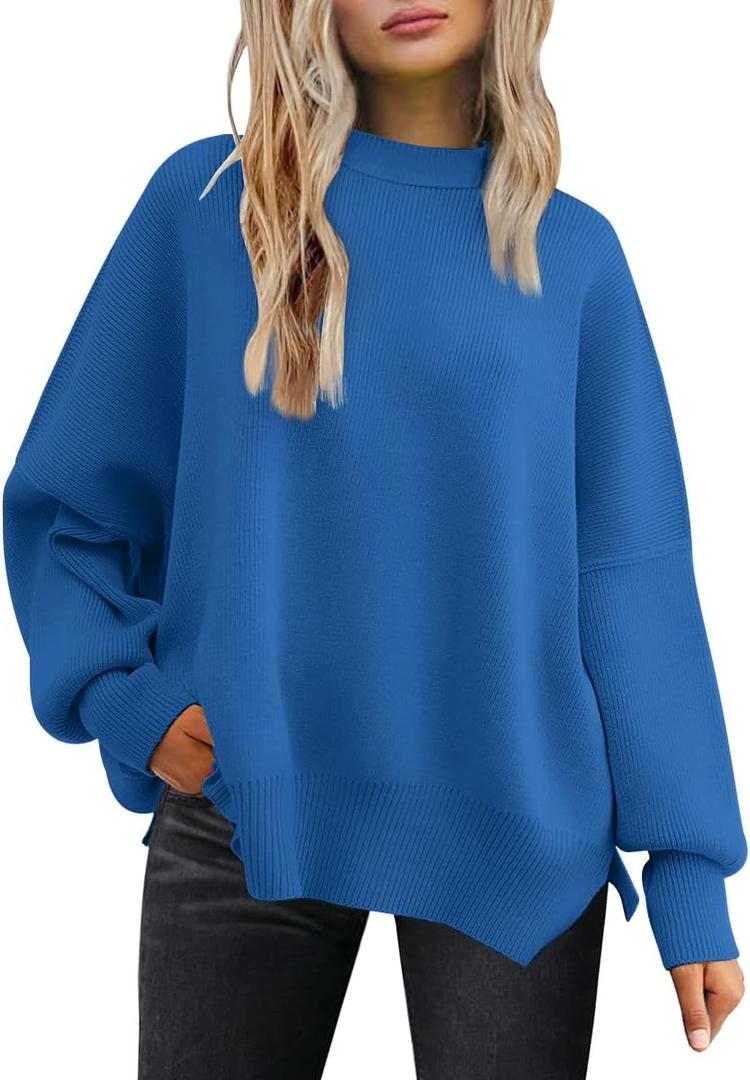 LILLUSORY Women's Oversized Batwing Sweaters 2026 Fall Outfits Trendy Crewneck Knit Side Slit Fashion Pullover Tops (Blue), Small