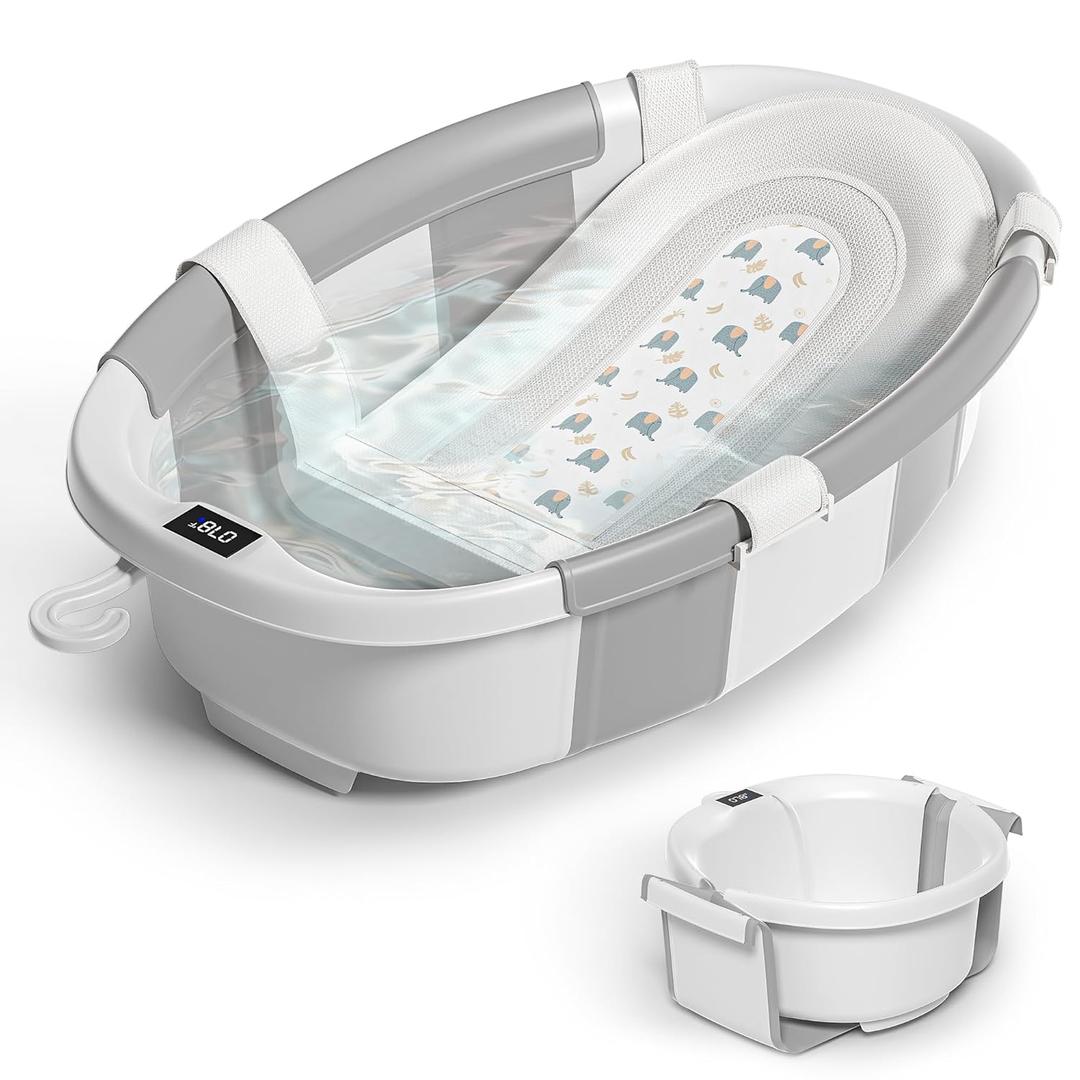 Himold Collapsible Baby Bathtub for Newborn to Toddler 0-36 Months, Spacious Foldable Infant Bath Tub with Thermometer, Cushion & Drain Hole, Portable Travel Tub Baby Grey (26.5"L x 17.2"W x 7.1"H)