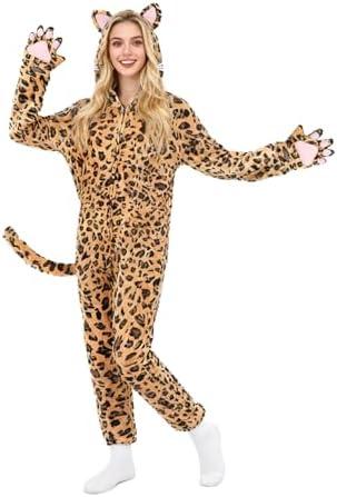 Kicpot Leopard Onesie Costume for Adults Hooded Cheetah Jumpsuit One‑Piece Animal Halloween Cosplay, L