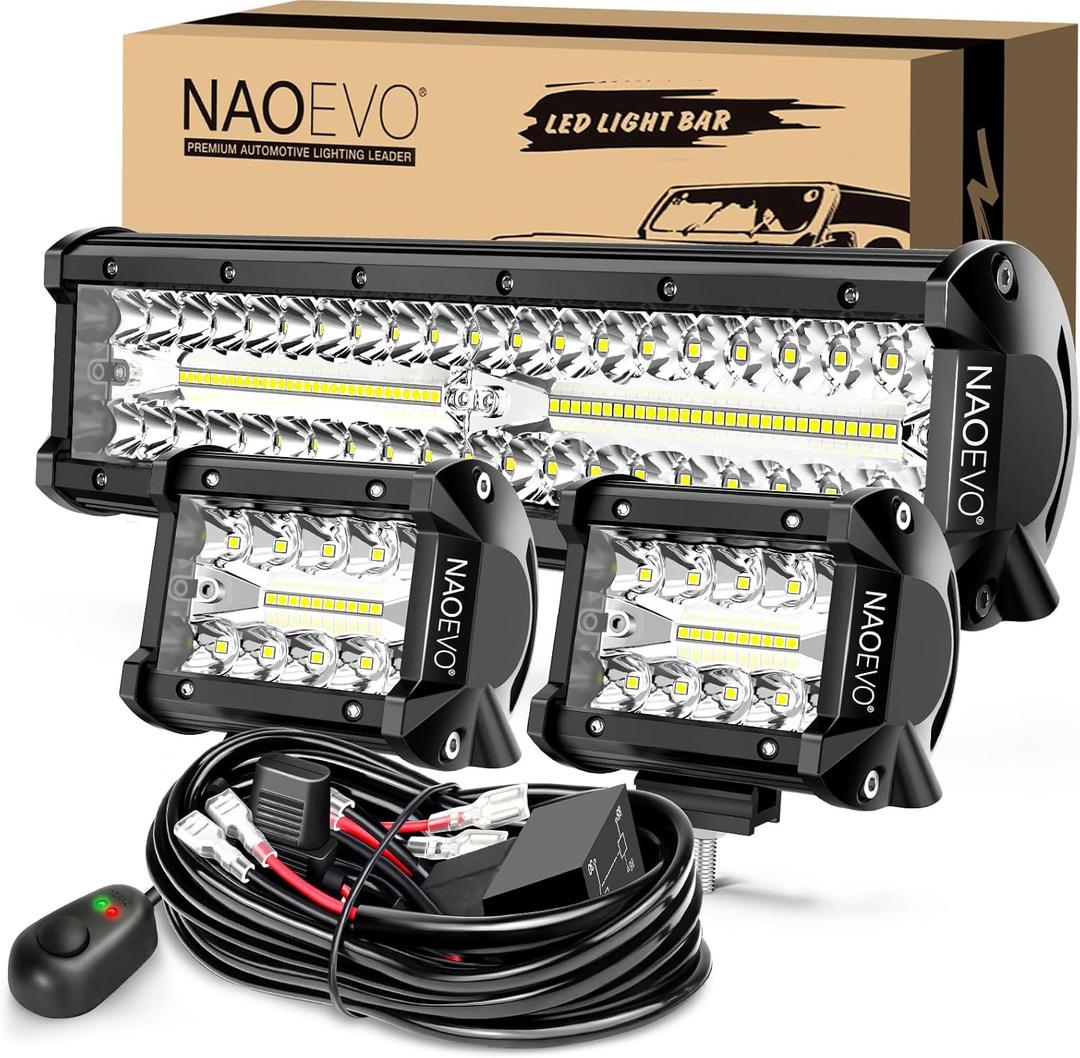 NAOEVO 12Inch LED Light Bar and 2PCS 4Inch LED Pod Lights, 420W 42000LM LED Fog/Driving/Off Road Lights Bar, Spot Flood Combo LED Light Bar with Wiring Harness Kit-3 Lead for Truck ATV Boat