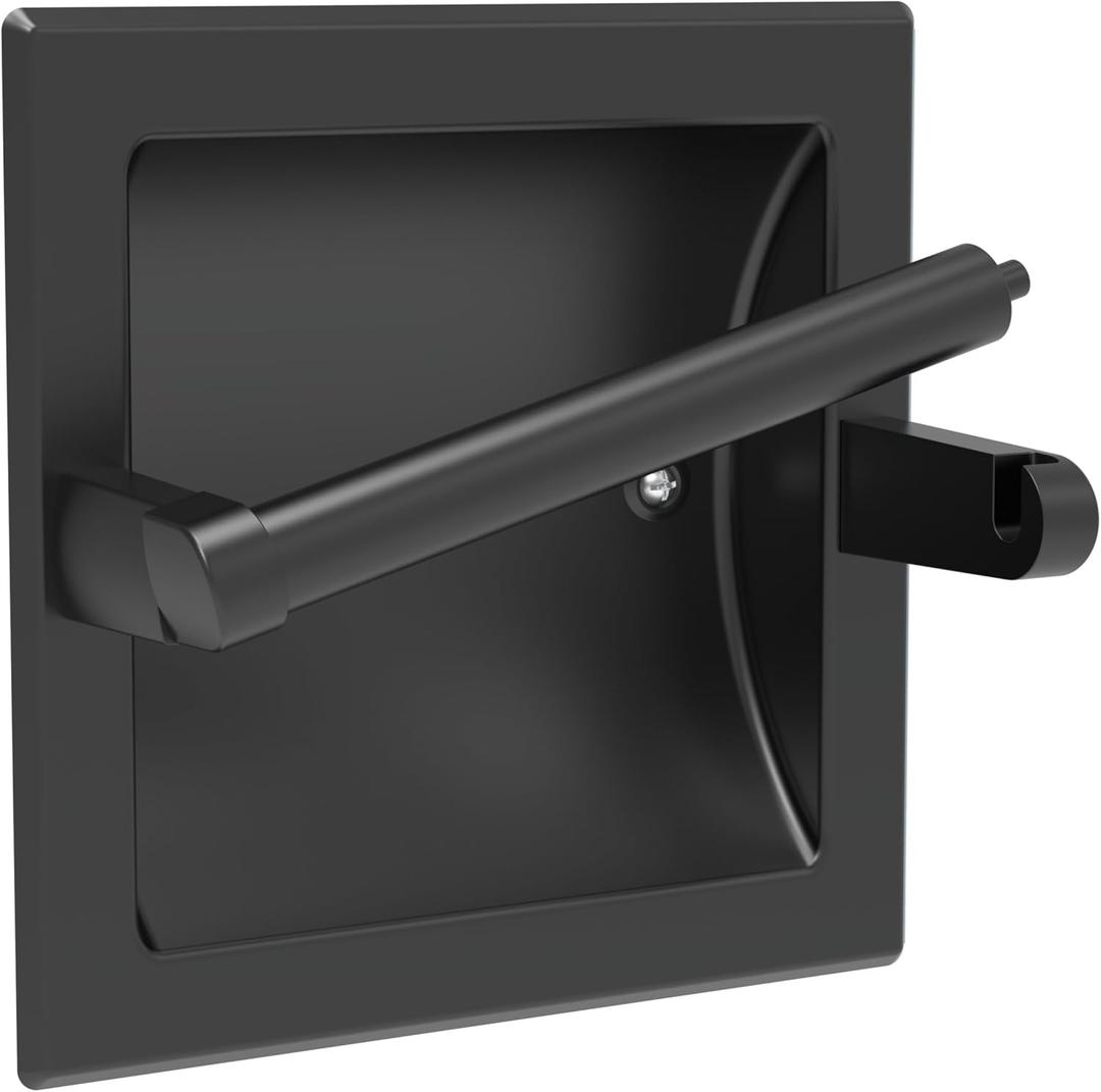 Matte Black Recessed Toilet Paper Holder for Large Rolls, Pivoting Black Toilet Paper Holder Wall Mount Stainless Steel, in Wall Toilet Paper Holders Black, Bathroom Toilet Paper Wall Holder