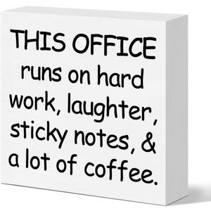 2 x Funny Office Desk Decor Sign for Work Women Men, Funny Coworker Colleague Boss Gift, This Office Runs on Hard Work Laughter, 5x5 inches