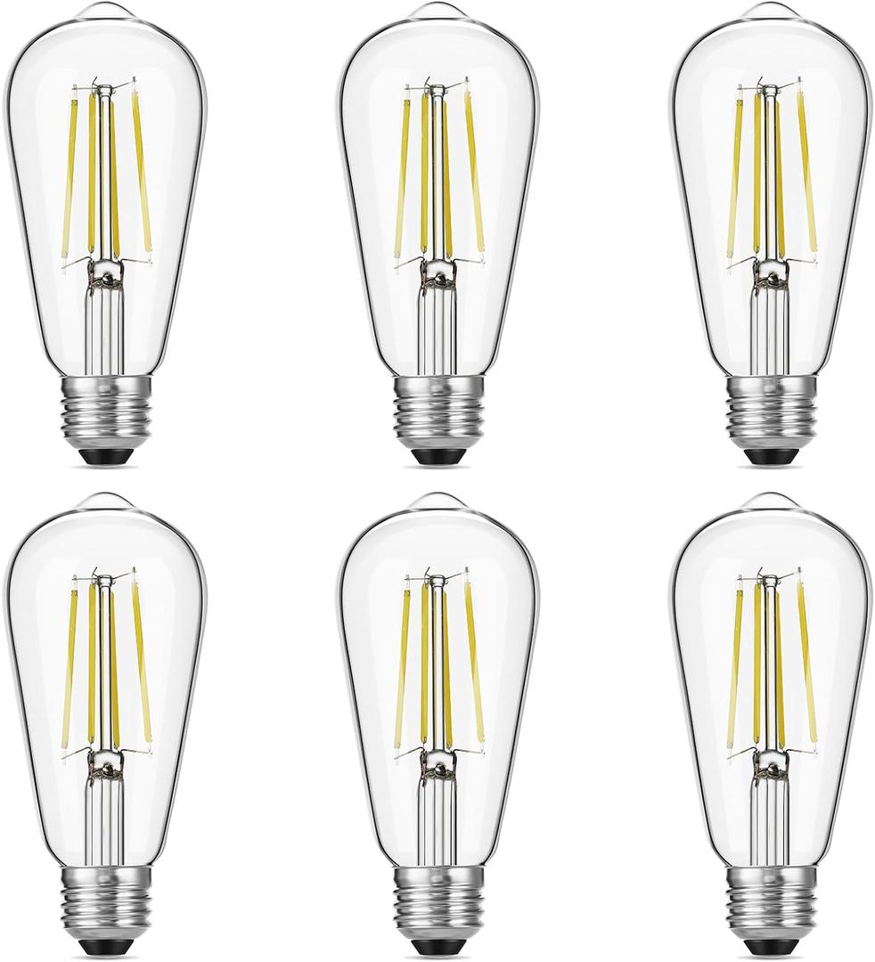 Vintage LED Edison Bulbs, 6W, Equivalent 60W, High Brightness Daylight 5000K, ST58 Antique LED Filament Bulbs with 90+ CRI, E26 Medium Base, Dimmable, Clear Glass, Pack of 6