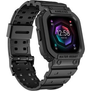 amBand Compatible for Fitbit Versa 4/3/2/ Fitbit Versa Lite/Fitbit Sense 2/ Fitbit Sense Bands with Case, Protective Smartwatch Case Strap Rugged Sport Protector Wristbands Men Black