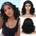 Fancy Hair Short Wavy Headband Wigs Wear and Go Short Bob Wig Synthetic Shoulder Length Headband Wig for Black Women (Natural Black)