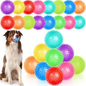 UZLU 18 Pcs 3.5 in Squeaky Dog Toy Balls Dog Chew Toy for Teething Durable High Bounce TPR Fetch Spike Balls 9 Colors Water Toy for Small Medium Large Dog Aggressive Chewers Clean Teeth and Training