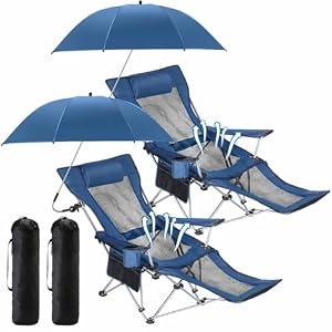 Yuntau 2 Set Reclining Camping Chair with Umbrella, Camping Chair with Foot Rest, Adjustable Chair Umbrella with Clamp, SPF 50+, Folding Mesh Camping Lounger Chair for Outdoor(Blue)
