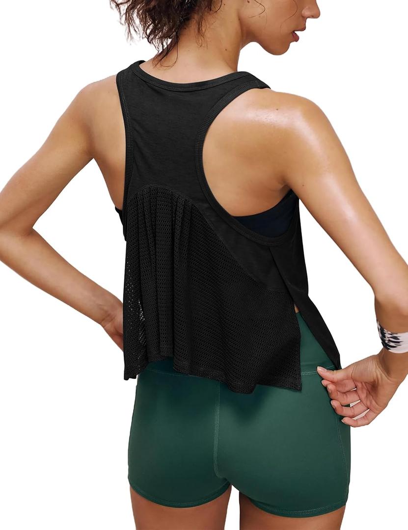 Majdan Women's Workout Tank Tops Athletic Racerback Mesh Sleeveless Crop Tops Gym Yoga Running Shirts (Black, XS)