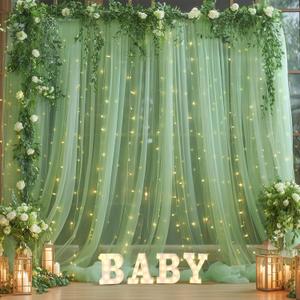 1010ft Green Tulle Backdrop Curtain with Lights String for Parties, Sheer Photo Curtain Backdrop Drapes for Wedding Party Photography Backgrounds (10ftx10ft)