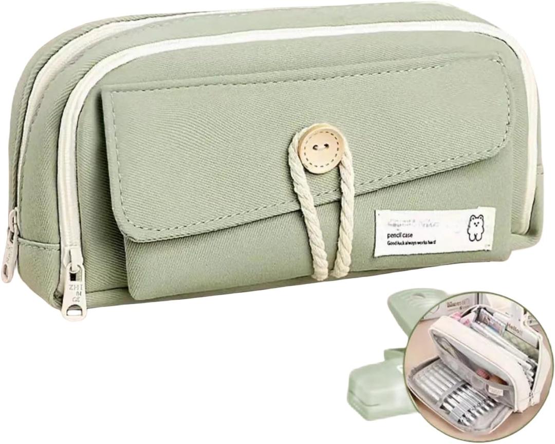 Simple Style Cotton Rope Pencil Holder - Large Capacity Multi-layered Pencil Case Organizer, Aesthetic Minimalist Fabric Pen Pouch with Zipper, Durable Eco-Friendly Pen Pouch Bag (Green)