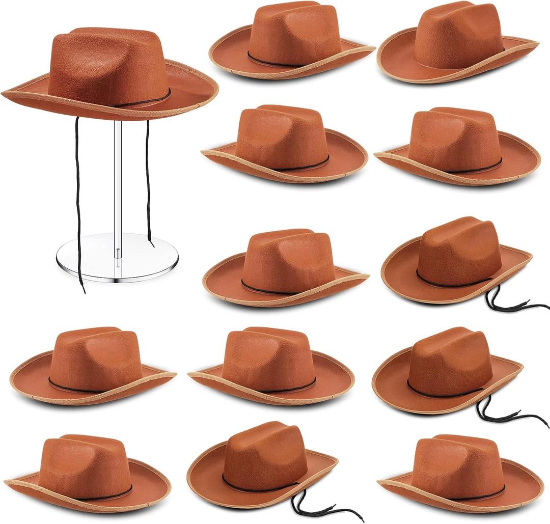 Funtery 12 Pack Kids Cowboy Hats for Halloween, Felt Western Cowboy Hat Bulk for Boys Girls Costume Dress Up Accessories(Brown)