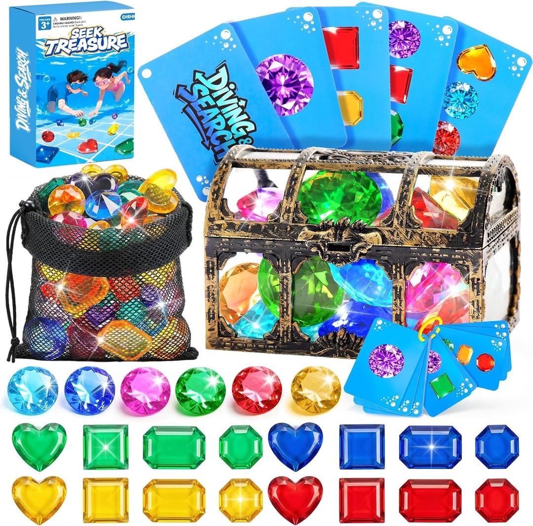 DISHIO Diving Toys for Kids, Seek Treasure Underwater Pool Gem Hunt Pool Game with 60PCS Sinking Gems, Pirate Treasure Chest, 35PCS Game Cards, Summer Swimming Pool Toys for Toddlers Kids Age 3-10