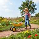 Kids Gardening Tool Set Wheel barrow, Toddler Metal Wheelbarrow Birthday Gift for Kids Outdoor Toys Sowing, Digging Sand, Sweeping Leaves, Shoveling Snow(Yellow)