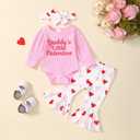 Baby Girl Valentine's Day Outfits Heart Print Romper+Flared Pants+Headband Infant Clothes 0-18 Months (Daddy's Little Valentine-pink)