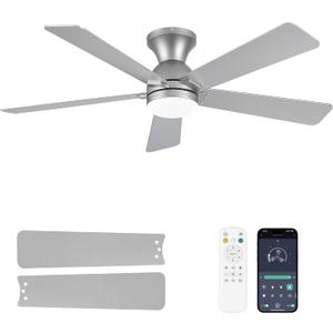 Ceiling Fans with Lights and Remote, 48 Inch Ceiling Fan with Light, Low Profile, Reversible, Dimmable LED, Flush Mount, Quiet, DC Motor, Nickel Ceiling Fan for Bedroom, Kitchen, Dining Room