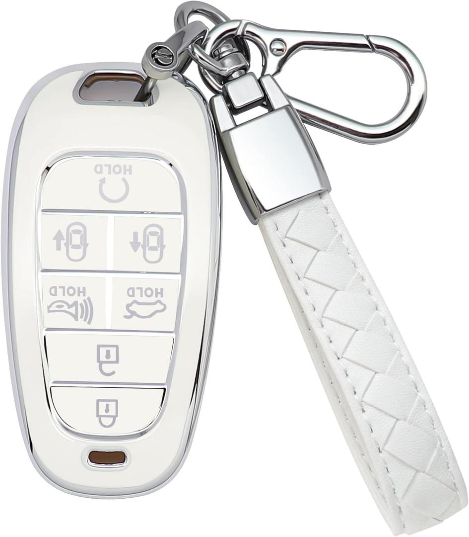 for Hyundai Key Fob Cover 7 Button with Leather Keychain Soft TPU 360 Degree Protection Car Key Case Shell Holder Fits for 2023 2022 2021 2020 Hyundai Sonata Santa fe Tucson, White (Silver Edge)