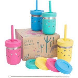 Elk and Friends 10oz Stainless Steel Kids + Toddler Drinking Cups | The Original Mason Jar with Sleeves + Lids | Silicone Straws | Smoothies | Storage Jar | Spill Resistant | Dishwasher Safe | 4 Pack (Pink/Teal/Yellow/Blue)