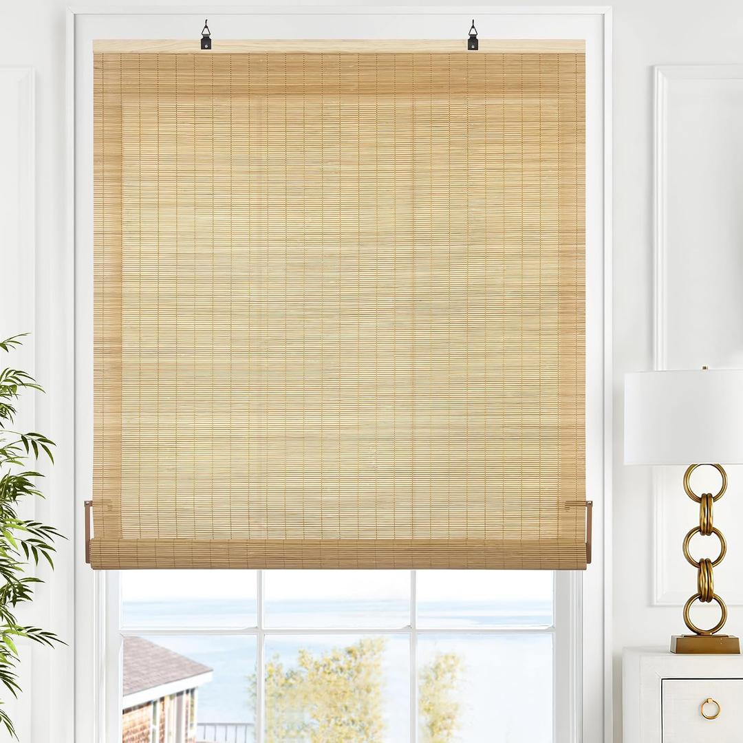 LazBlinds Cordless Bamboo Blinds, Roll Up Shades for Windows, Light Filtering Hanging Window Blinds, Bamboo Shades for Patio Indoor/Outdoor Porch, 34'' W x 72'' H, Carbonized