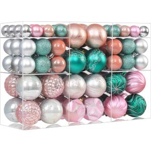100pcs Pink & Green Christmas Balls Ornaments Set, Shatterproof Plastic Christmas Tree Decorations Elegant Multicolor Hanging Ornaments Bulk Indoor Decorations for Holiday Wedding Party (Pink&Green)