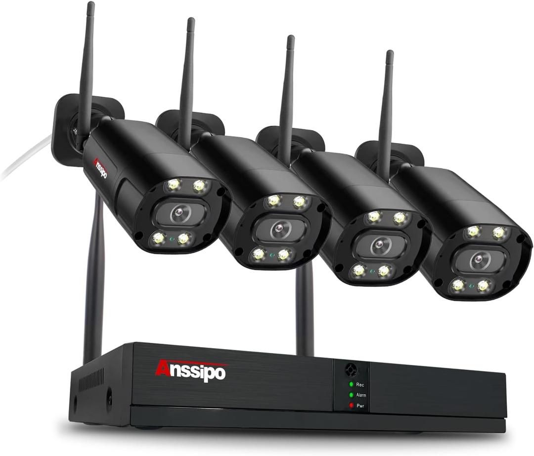 4K Wireless Security Camera System, 4X 3MP Plug-in Surveillance Security Cameras for 24/7 Recording, Dual Warning 8CH WiFi NVR, Color Night Vision,Two Way Audio, AI Face/Motion Detection,NO Hard Drive