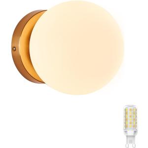 1-Light Wall Sconce, Mid Century Modern Globe Wall Sconces, Brass Gold Wall Light, Glass Wall Lamp, Indoor Round Light Fixture for Bedroom Bedside Bathroom Vanity Living Room Hallway Entry (Set of 1 (Style Round), Gold (With White Shade))