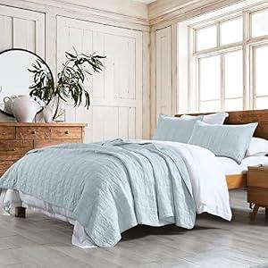 HORIMOTE HOME 100% Cotton Quilt Set King Size, Baby Blue Pre-Washed 3-Piece Bedspread Coverlet Set, Cozy Lightweight Stitching Bedding Cover with 2 Shams in Geometric Pattern for All Season
