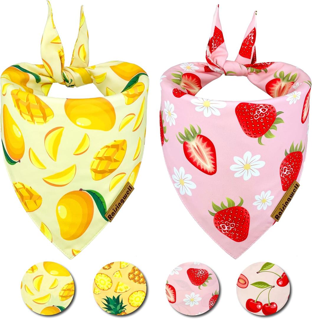 Summer Fruit Dog Bandanas 2 Pack 4 Pattern Reversible, Holiday Bandana for Boy and Girl, Premium Durable Fabric, Party Triangle Scarf for Medium to Extra Large Breed Dogs(X-Large)