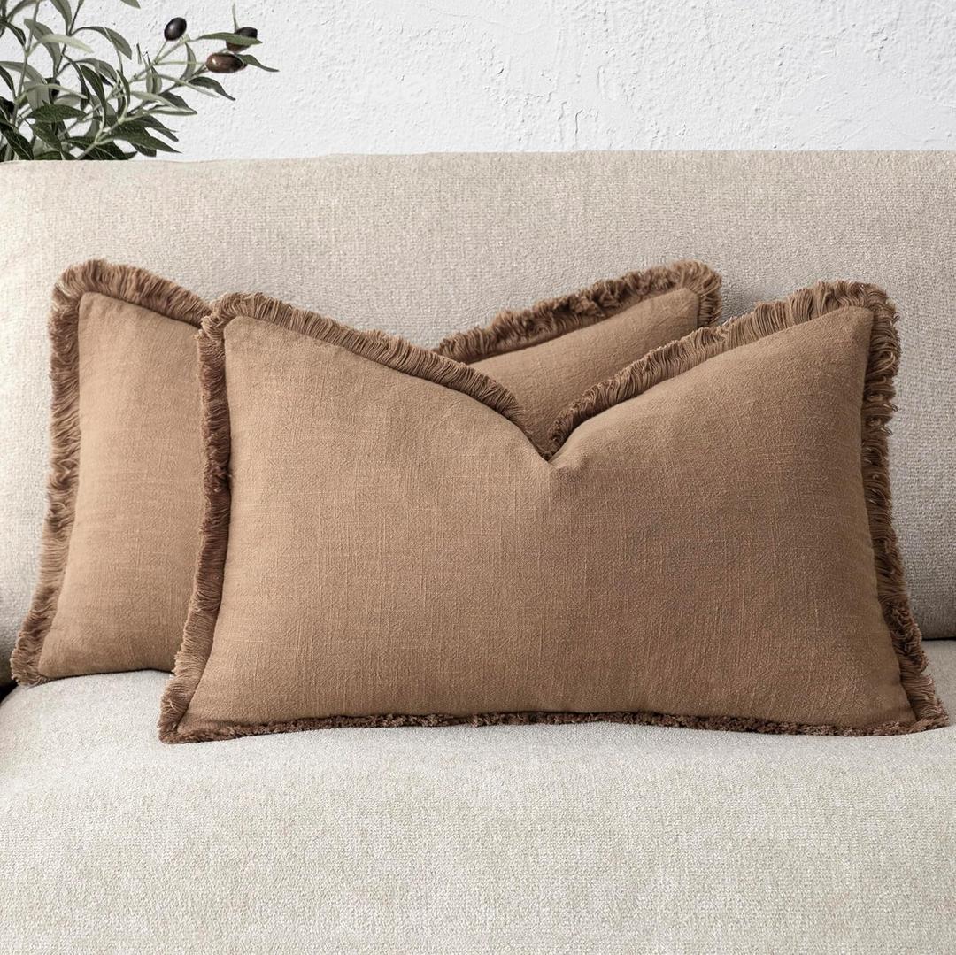 Foindtower Set of 2 Decorative Linen Fringe Lumbar Throw Pillow Covers Boho Farmhouse Cushion Cover with Tassels Soft Accent Pillowcase for Couch Sofa Bed Living Room Home Decor,1220Inch,Khaki Brown (20" x 12" (Pack of 2), Brick)